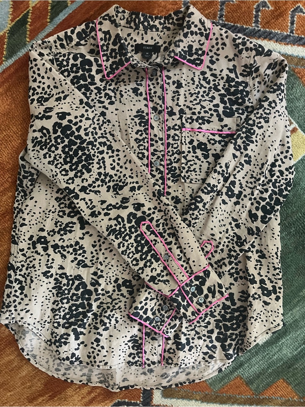 J. Crew Beige and Black Leopard Print Shirt with Pink Trim